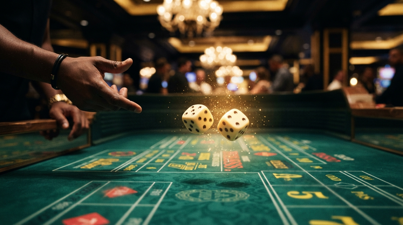 Casinos con PayPal en España (2026) — Dados de marfil capturados en pleno vuelo sobre el tapete verde, con un brillo d