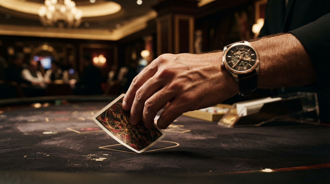 Casinos con PayPal en España (2026) — Reverso de una mano con reloj de lujo volteando una carta con un diseño abstract