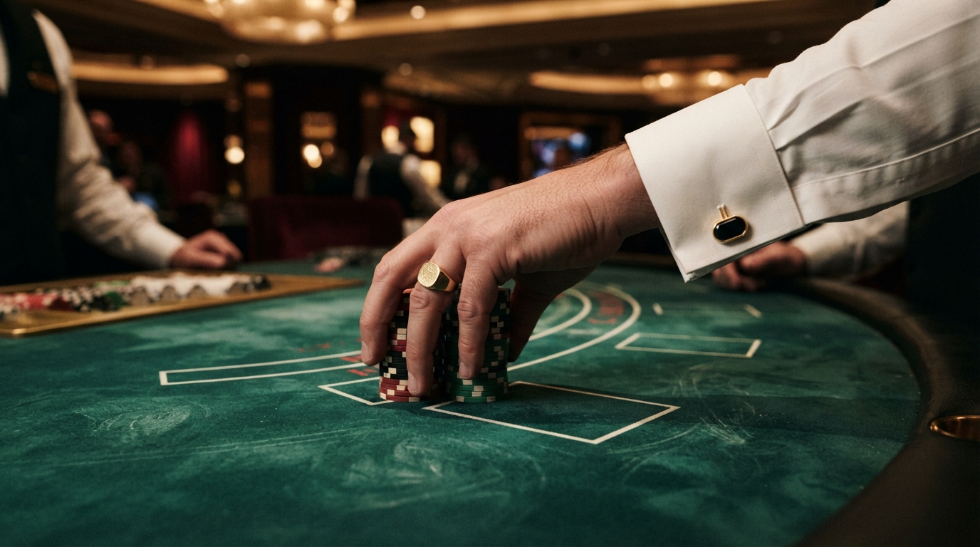 Pagos en casinos con retirada instantánea — Una mano con gemelos dorados empujando una pila de fichas apiladas sobre el paño