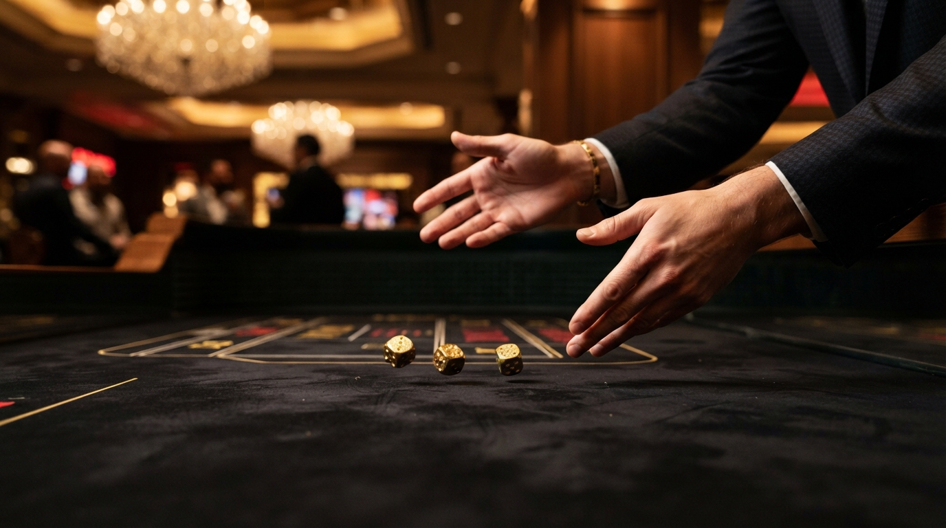 Guía sobre casinos con retirada instantánea — Manos ágiles lanzando un trío de dados dorados sobre el paño negro, capturando e