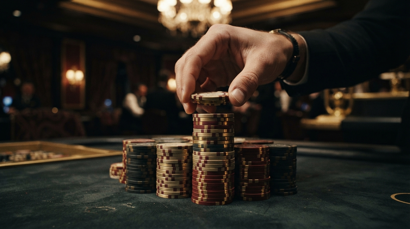 Guía sobre casinos con retirada instantánea — Primer plano de una mano apilando chips de casino de borde grueso, la luz resalt