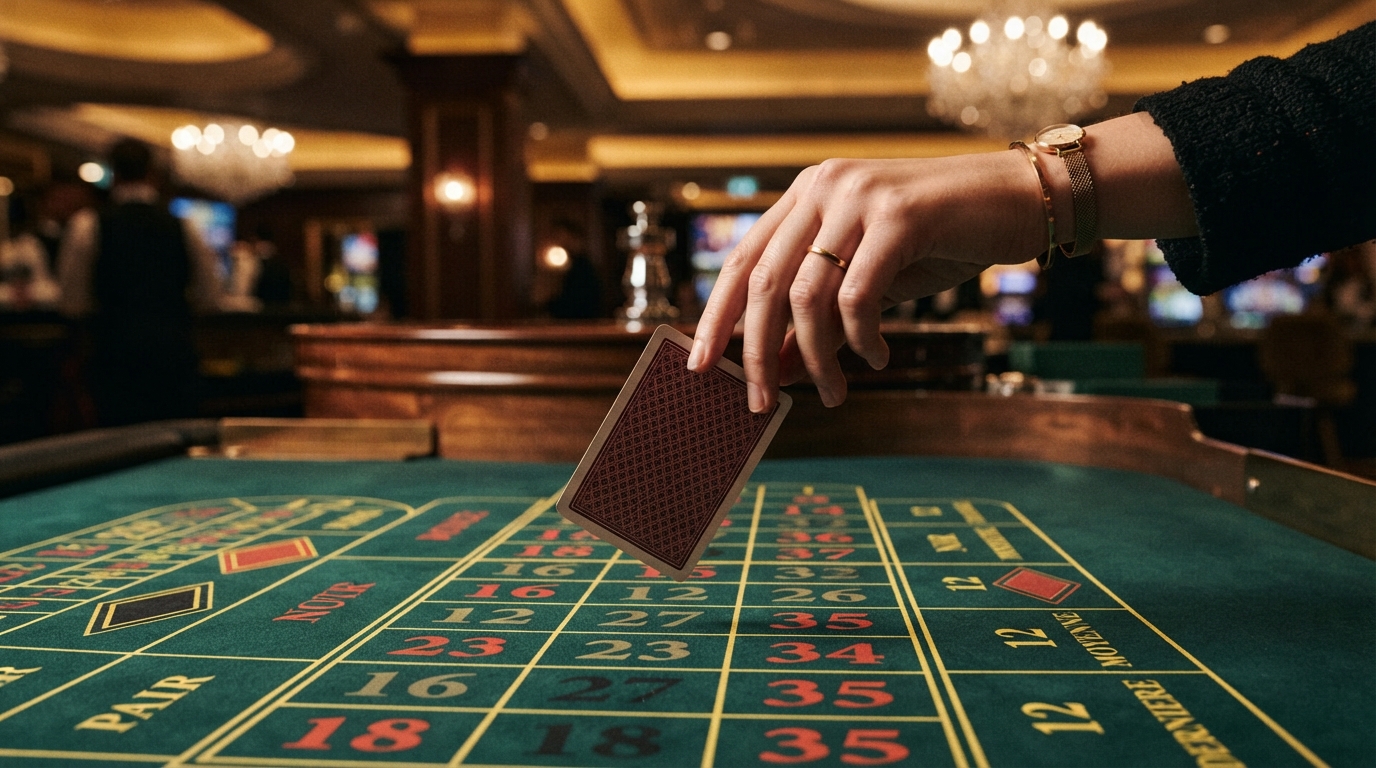Guía sobre casinos con retirada instantánea — Una única carta boca abajo, ligeramente levantada por unos dedos sobre la mesa d