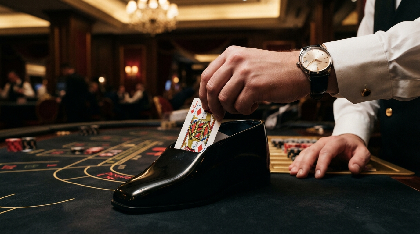 Pagos en casinos con retirada instantánea — Primer plano de un croupier con un reloj de pulsera pulido seleccionando una car