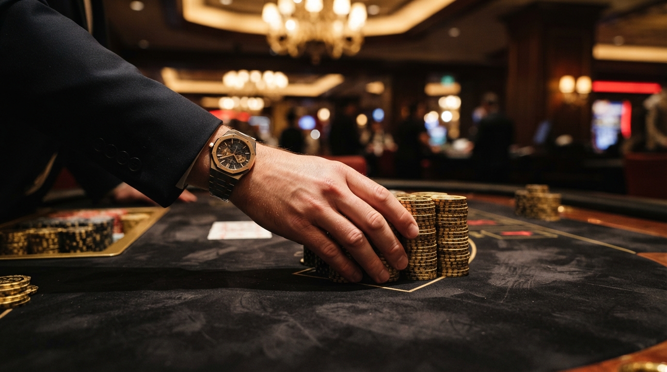 Comparativa de casinos con retirada instantánea — Una mano con un reloj de lujo empuja una torre de 2.000 fichas doradas sobre fie