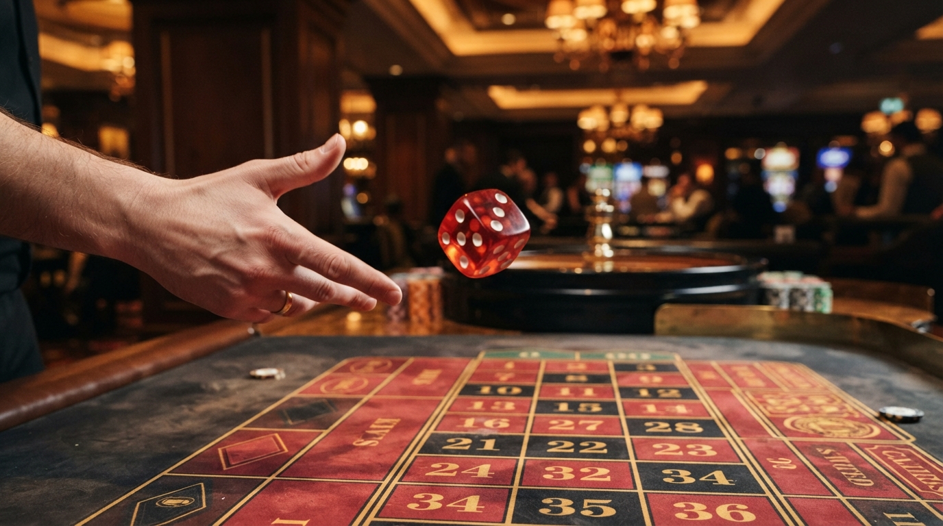 Comparativa de casinos con retirada instantánea — Foco nítido en un dado de seis caras suspendido en el aire sobre una mesa de rul