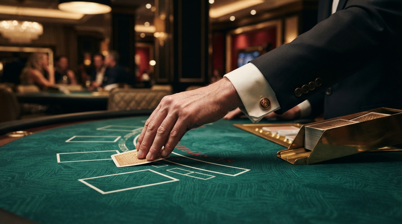 Comparativa de casinos con retirada instantánea — Una mano con gemelos de latón desliza un naipe boca abajo desde una zapata de ca