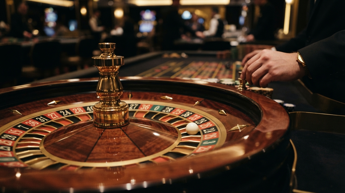Pagos en casinos con retirada instantánea — La bola blanca de la ruleta capturada en la pista circular dorada, con el paño n