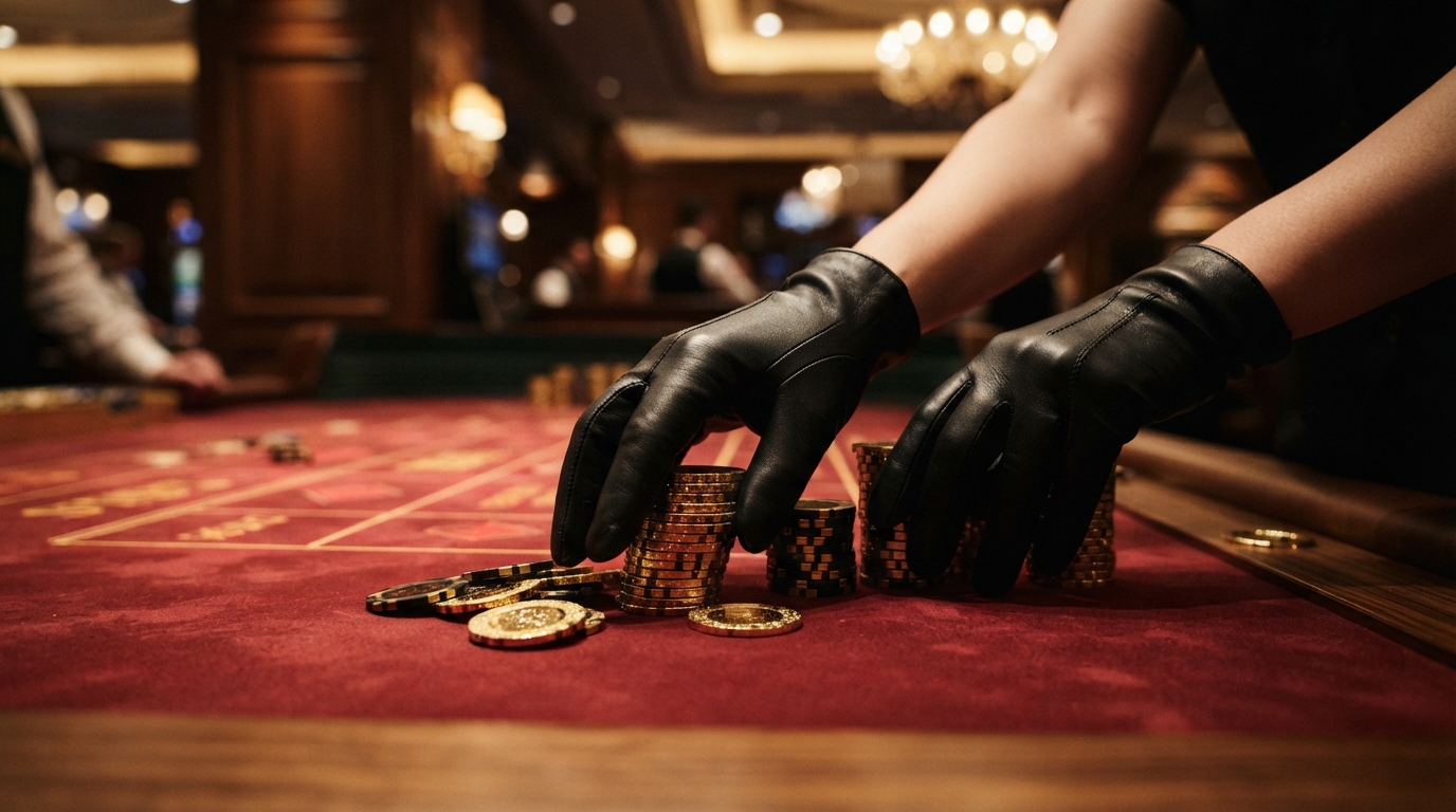 Métodos de pago en casinos con retirada instantánea — Manos enguantadas en negro deslizan fichas doradas sobre fieltro rojo, la luz co