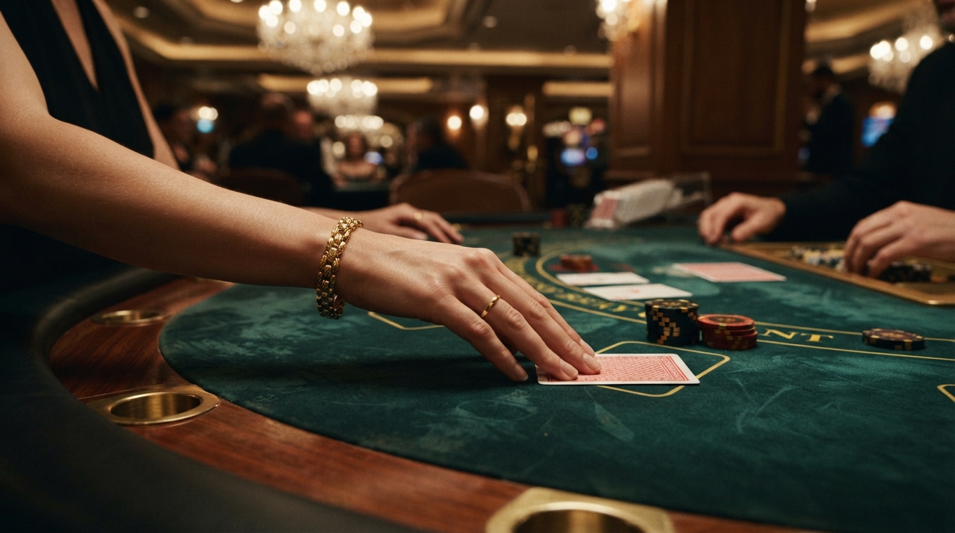 Métodos de pago en casinos con retirada instantánea — Una mano con brazalete de oro empuja un naipe boca abajo hacia el centro de la m