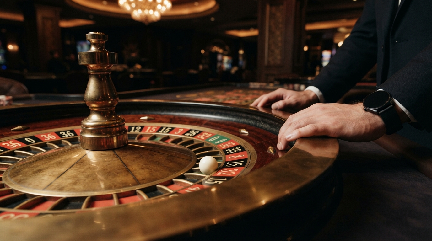 Métodos de pago en casinos con retirada instantánea — Reborde de una ruleta de latón pulido, el foco en la bola blanca detenida entre