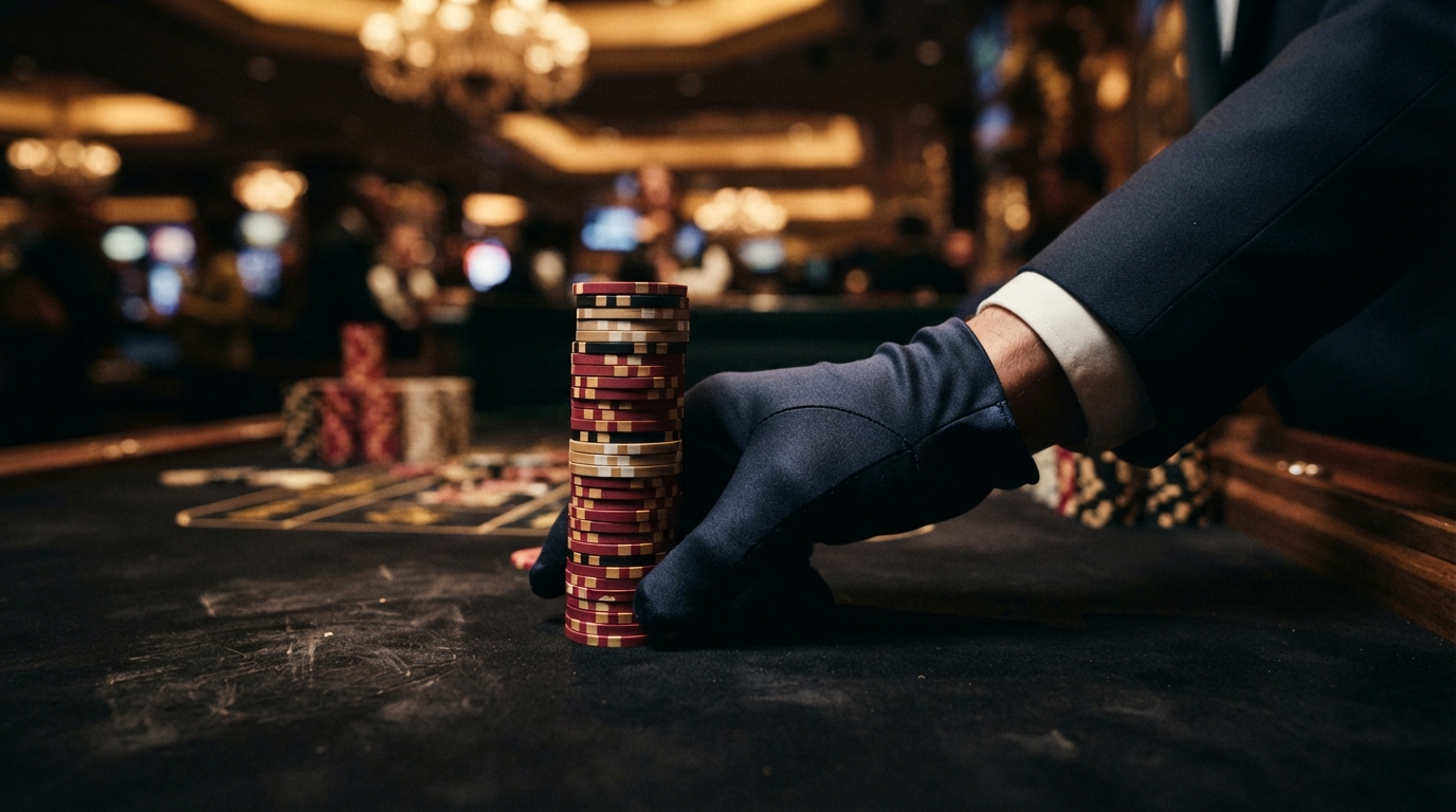 Casinos con retirada instantánea — Mano enguantada empujando una torre de fichas de casino sobre fieltro negro, ilu