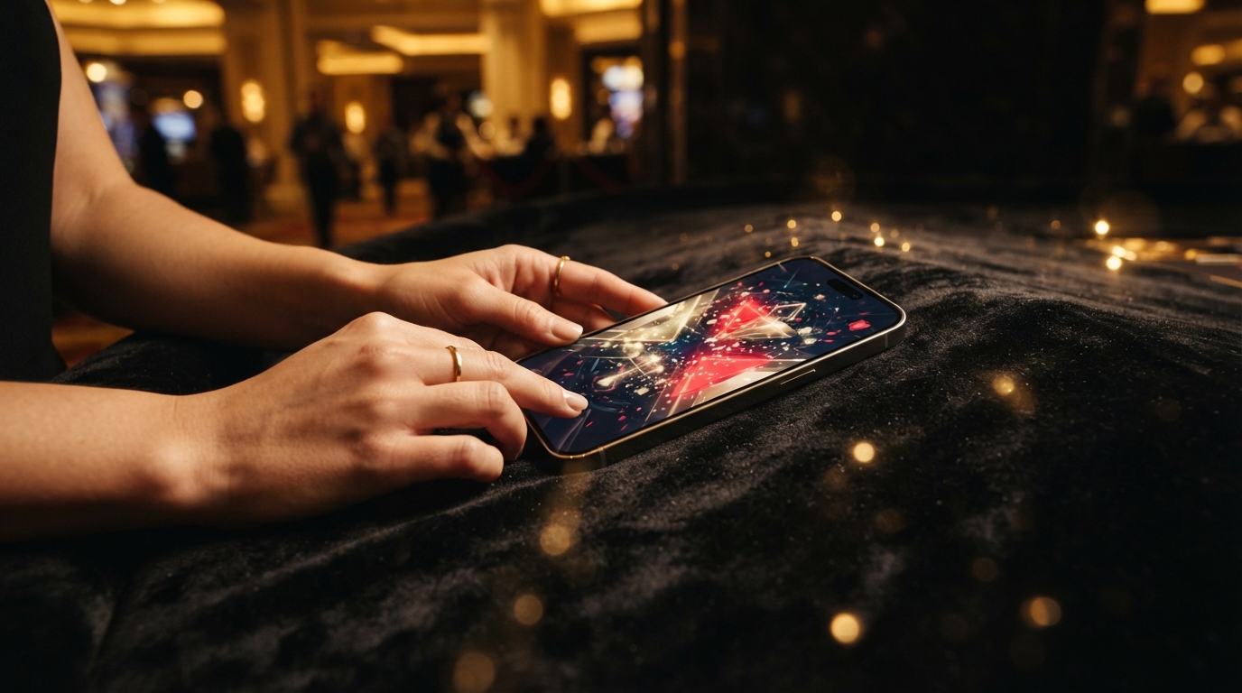 Casinos con retirada instantánea — Un teléfono con pantalla de juego abstracta descansando sobre un tapete de terci