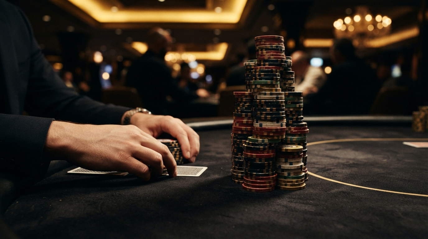 Bonos en casinos con retirada instantánea — Torre de fichas de póker apiladas con luz dorada y sombras profundas sobre fielt