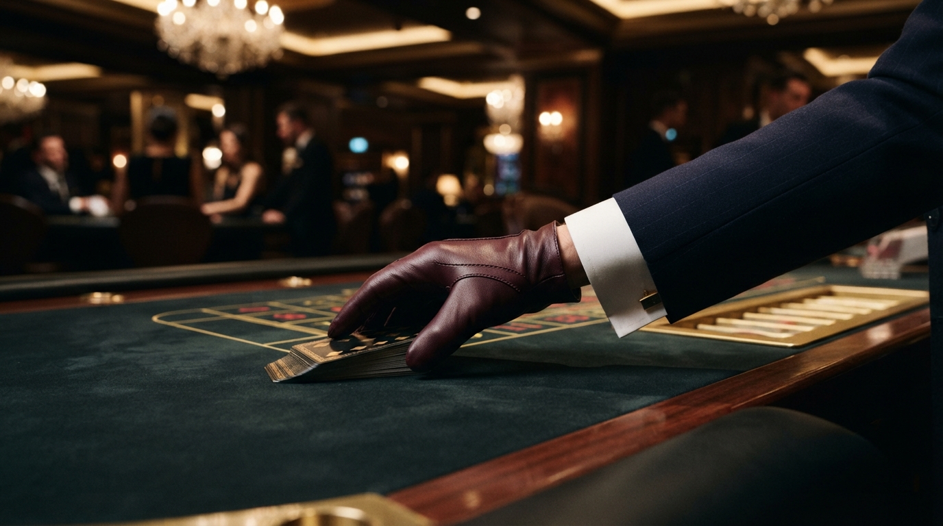 Bonos en casinos con retirada instantánea — Mano enguantada deslizando una baraja recién cortada por la luz dramática de un 