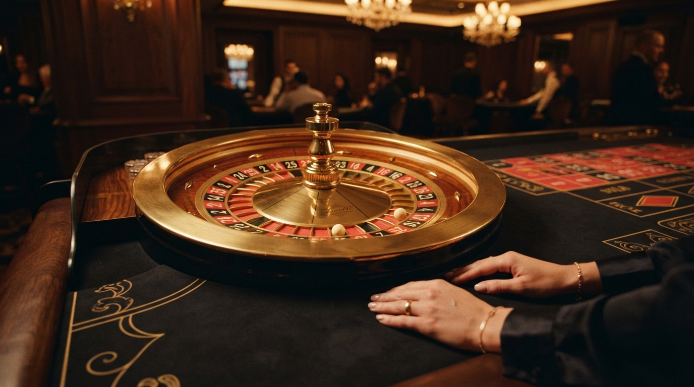 Bonos en casinos con retirada instantánea — Ruleta de latón pulido, con la bola detenida en un número bajo una luz cálida y 