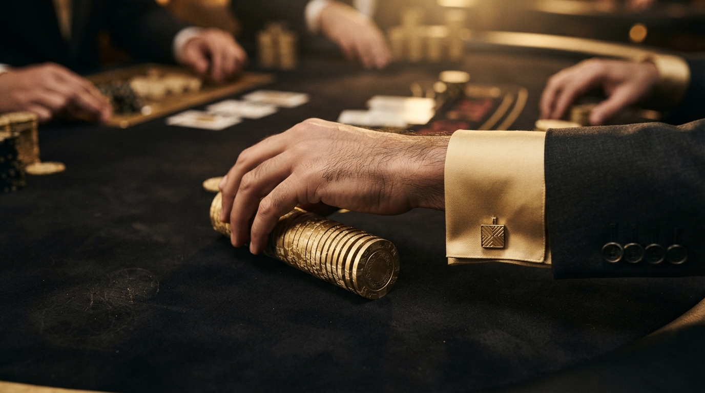 Mejores casinos con retirada instantánea 2026 — Primer plano superior de una mano con gemelos de latón empujando una pila de fic