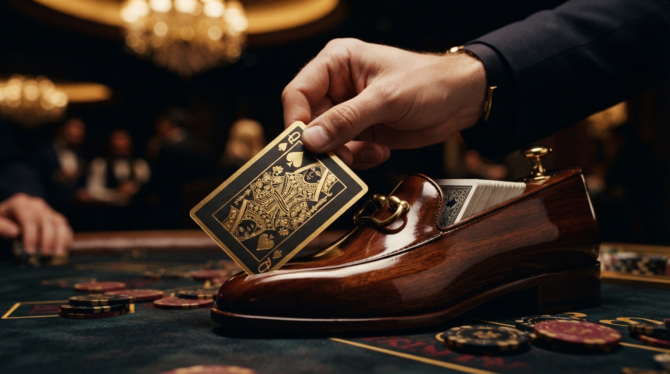 Mejores casinos con retirada instantánea 2026 — Macro detalle de un naipe de borde dorado emergiendo de un repartidor de cartas 