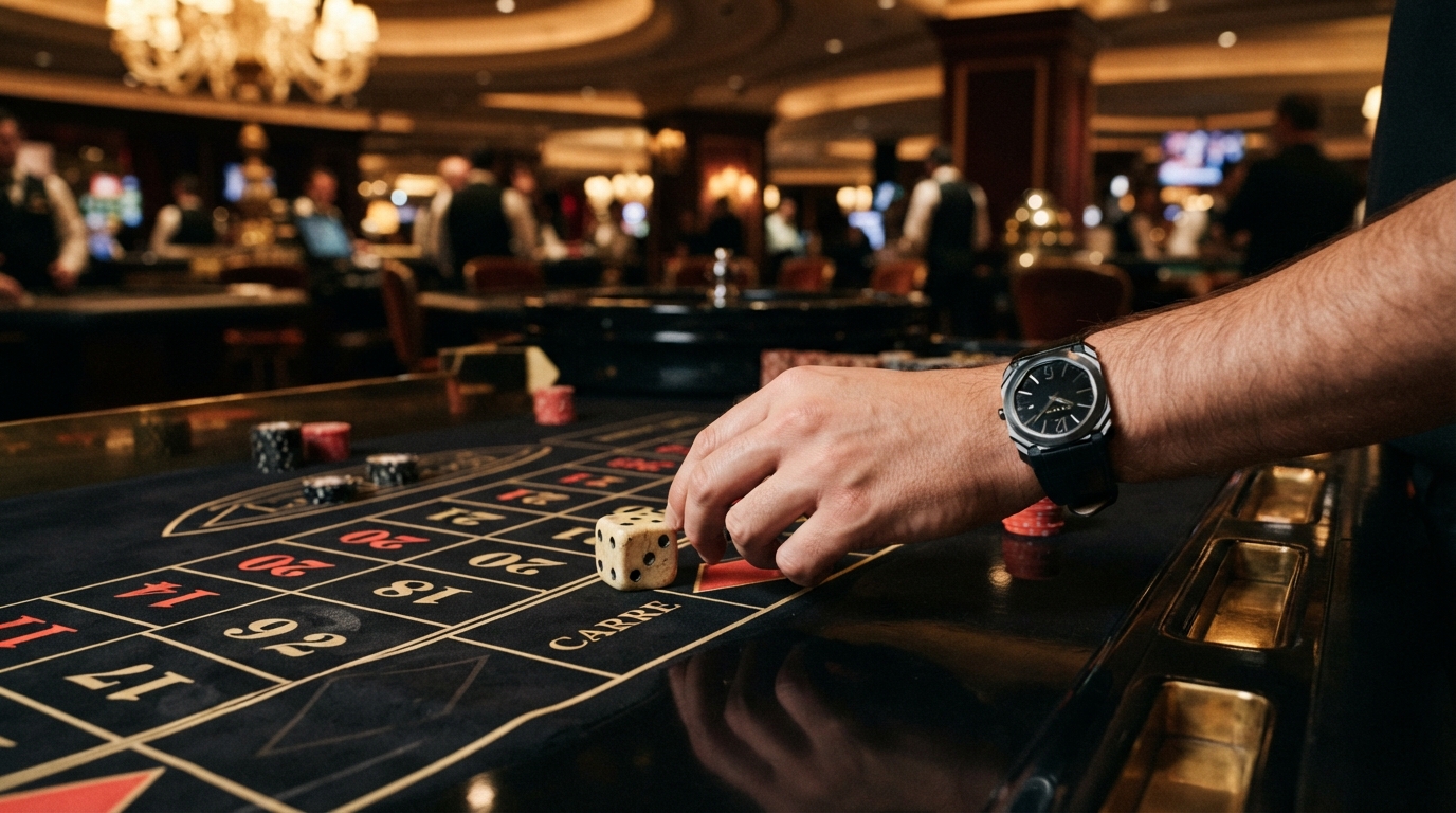 Mejores casinos con retirada instantánea 2026 — Una mano con un reloj de pulsera oscuro desliza un dado de marfil texturizado so